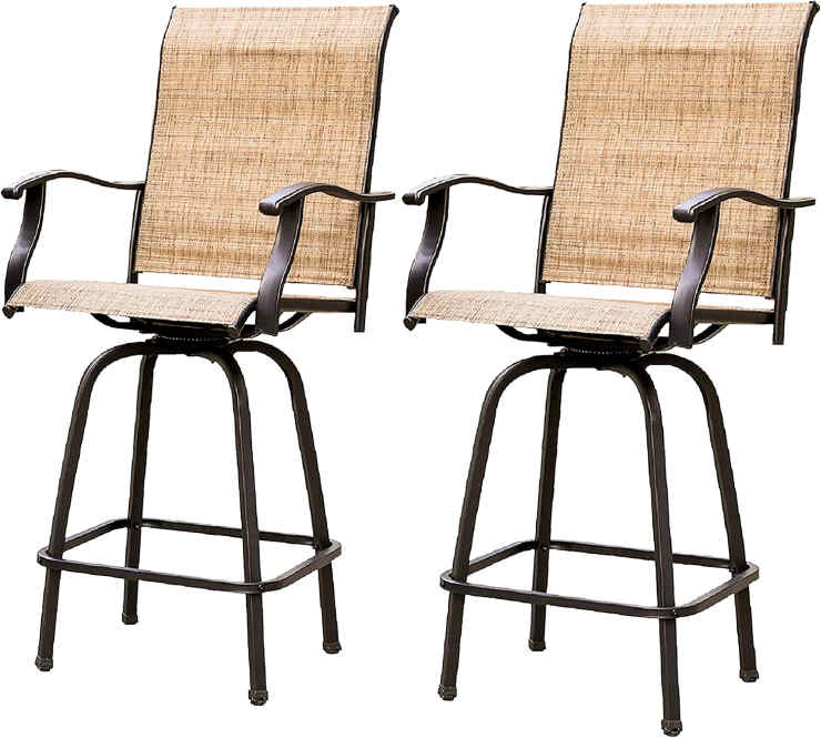 2 Piece Swivel Bar Stools Outdoor High Patio Chairs Furniture with All Weather Metal Frame