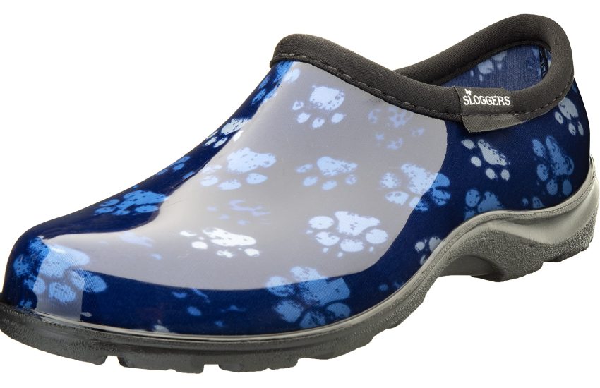 Sloggers Waterproof Garden Shoe for Women – Outdoor Slip-On Rain and Garden Clogs with Premium Comfort Support Insole 8 Grungy Paw Print Blue