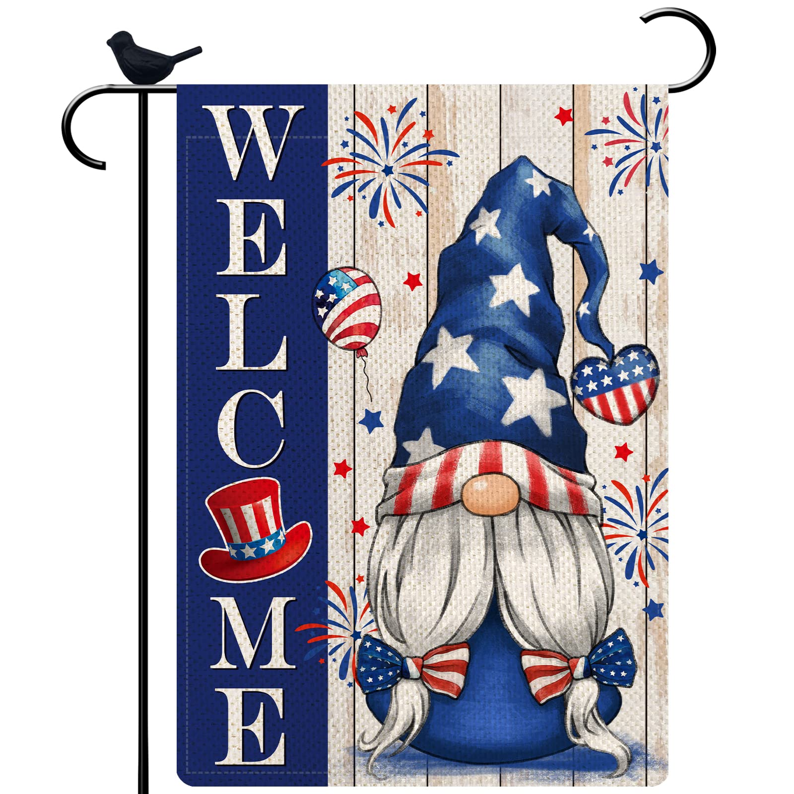 PIPISASA Patriotic American Star and Strip Floral Welcome Gnome Garden Flag