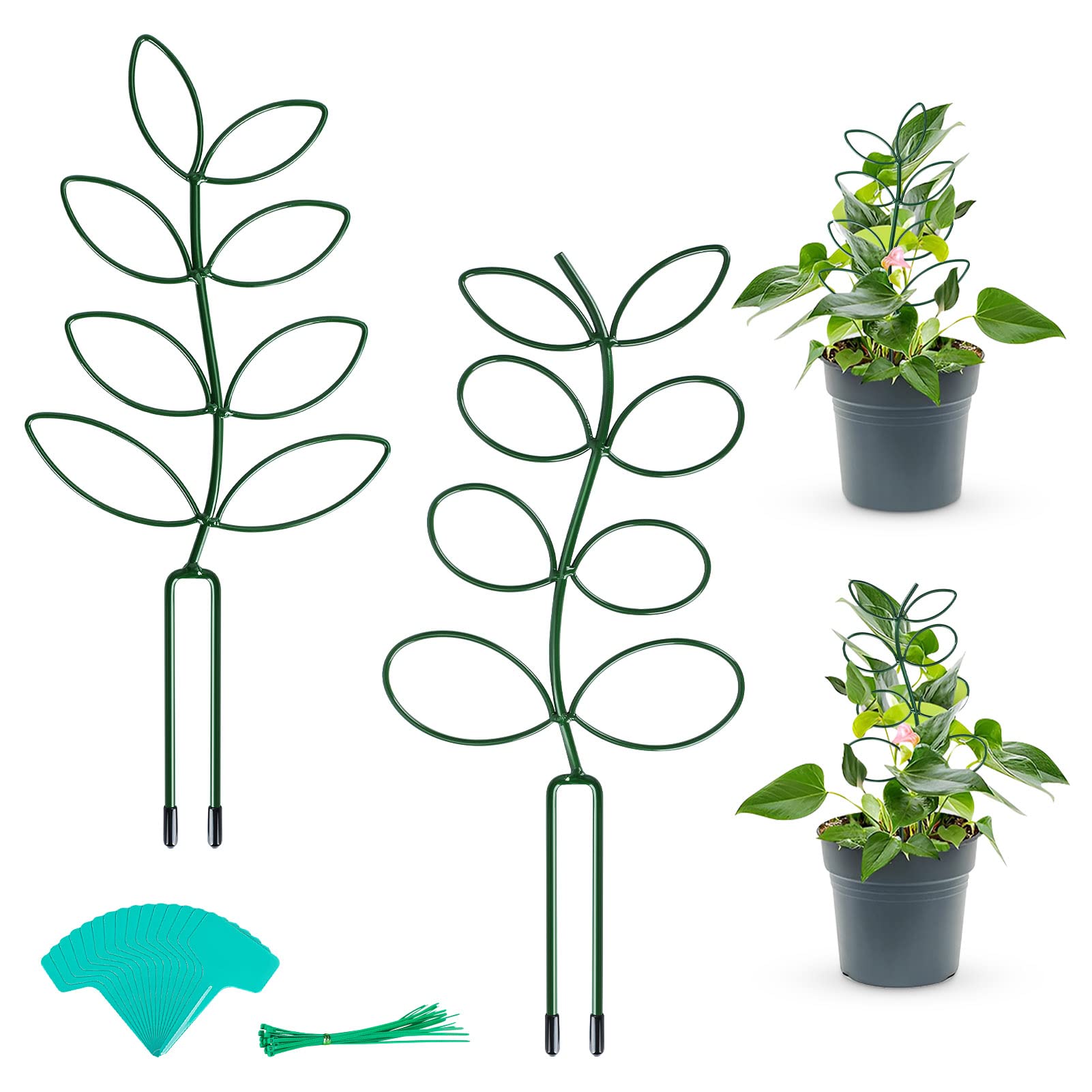 GROWNEER 2 Pcs 14" Small Plant Trellis for Climbing Plant, Leaf Shaped Metal Potted Trellis with 20 Pcs Cable Ties, 15 Pcs Plant Labels, Plant Support for Flower Stem Vines, Green