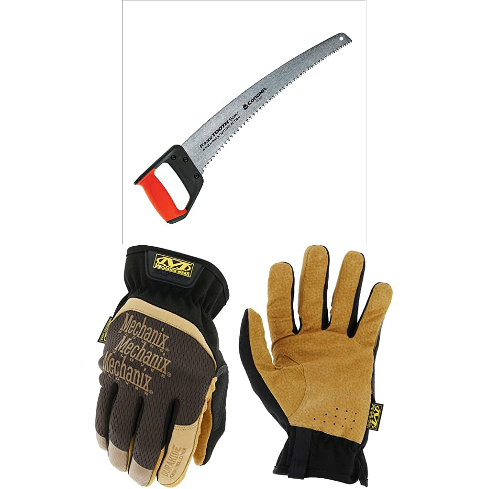 Corona RS7510D RazorTOOTH Heavy Duty Pruning Curved Blade Trimming Saw for Cutting Tree Limbs & Branches, 18" + Mechanix Wear: DuraHide FastFit Leather Work Gloves (Medium, Brown/Black), LFF-75-009