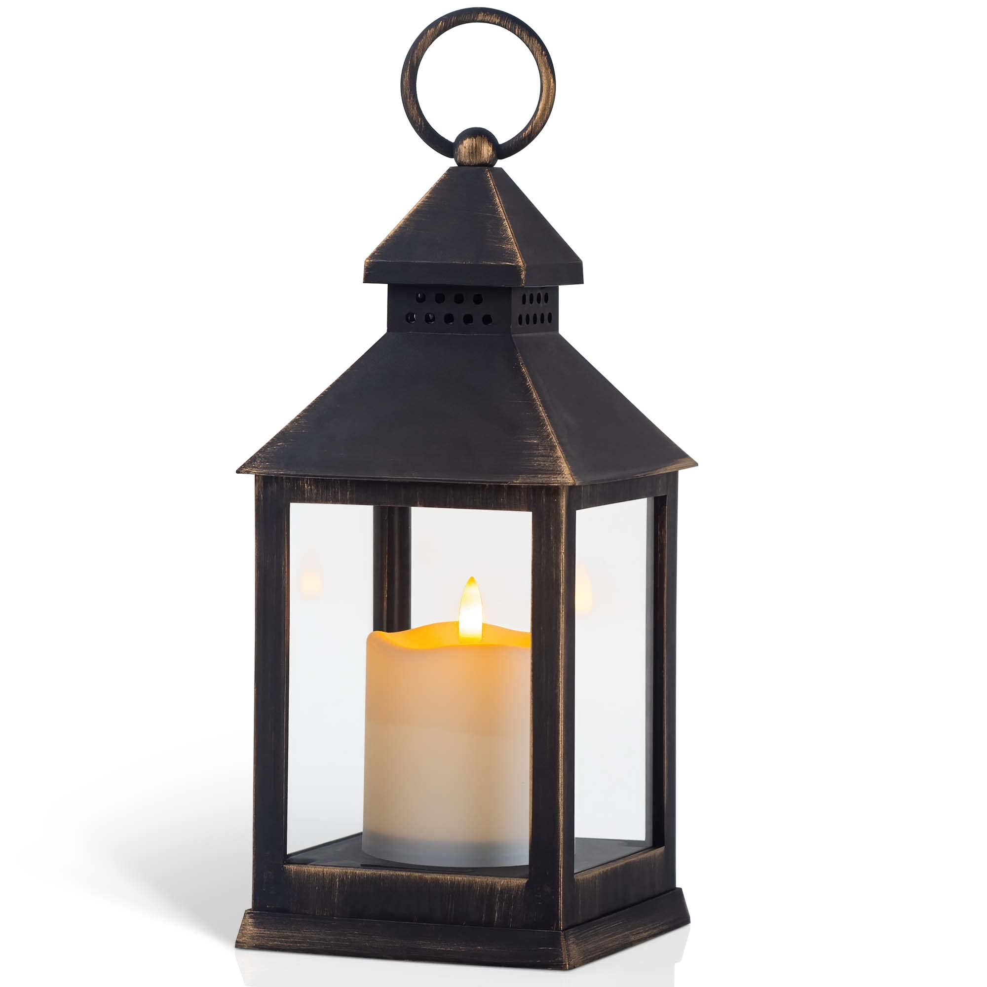 Yongmao Vintage Golden Brushed Black Lantern Decorative LED Flickering Flameless Candle with Timer