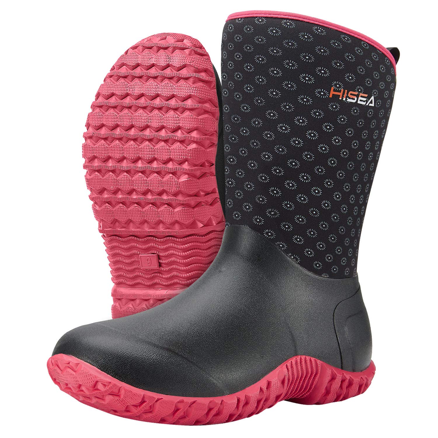 HISEA Women's Rubber Garden Boots Waterproof Insulated Yard Gardening Shoes Mid Height for Mud Working Outdoor 6 Black Dot