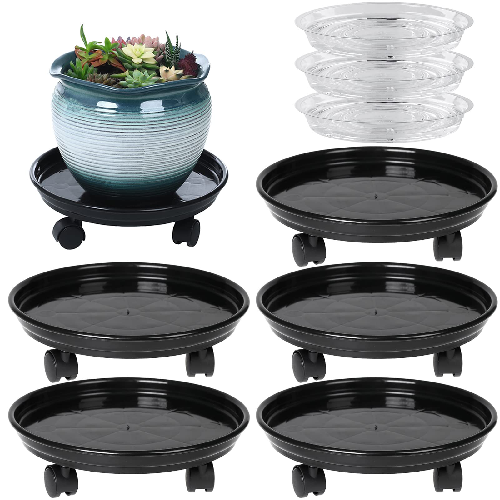 Circloophs 5 Packs Plastic Plant Caddy with Casters 12" Heavy-Duty Plant Dolly Rolling Plant Stand with Wheels for Moving Heavy and Large Plant Pot Saucers Plant Rollers Indoor and Outdoor, Black 5 Black