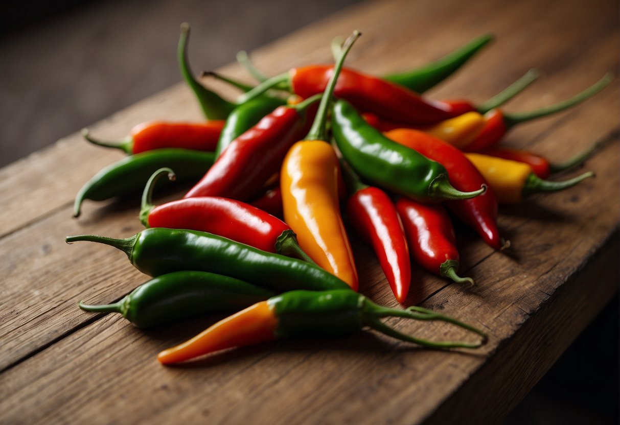 A variety of chillies lay scattered on a wooden table, ranging from small and fiery red to long and mild green