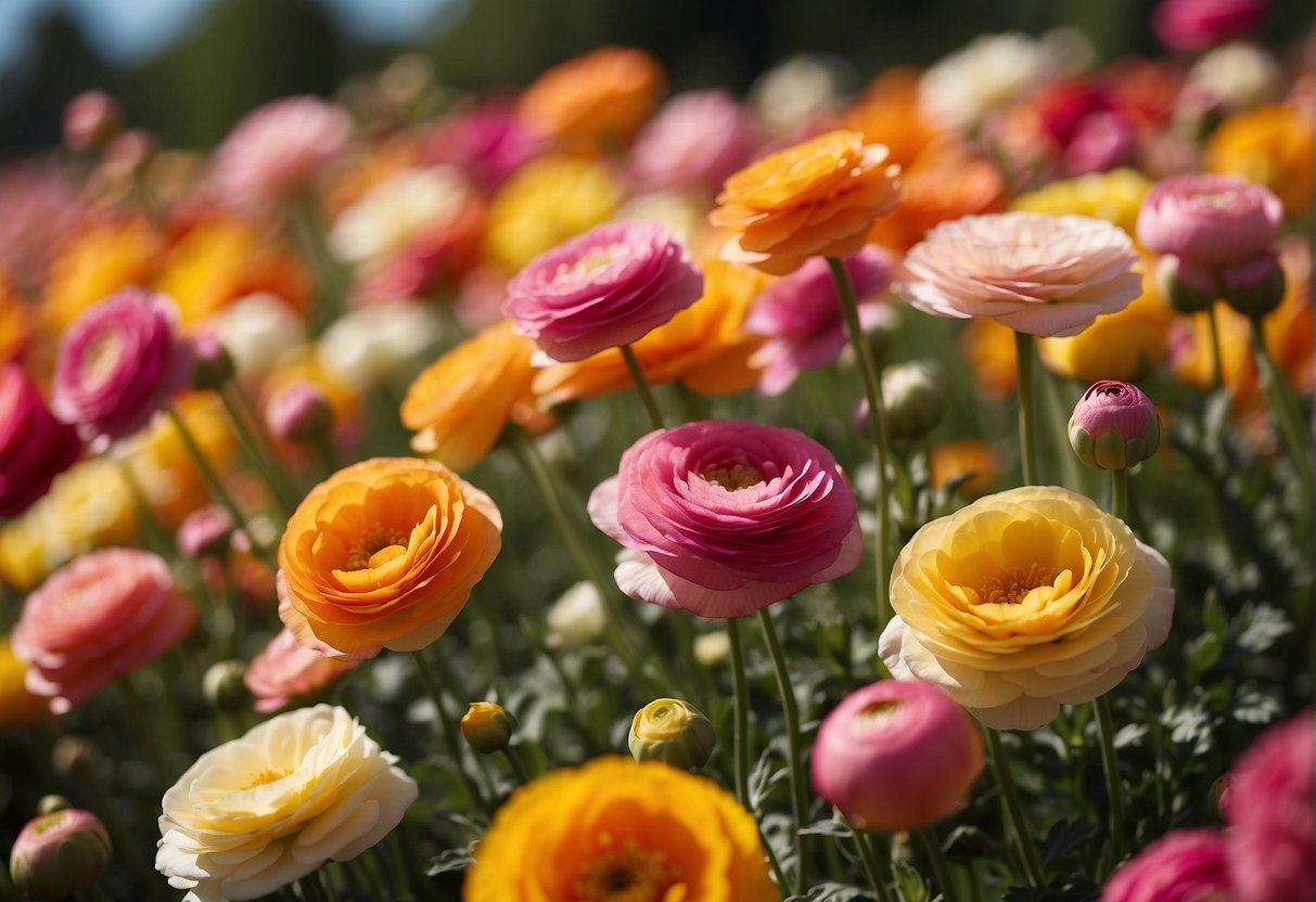 A field of colorful ranunculus blooms in the bright sunlight, their delicate petals unfurling in a vibrant display of pinks, yellows, and oranges