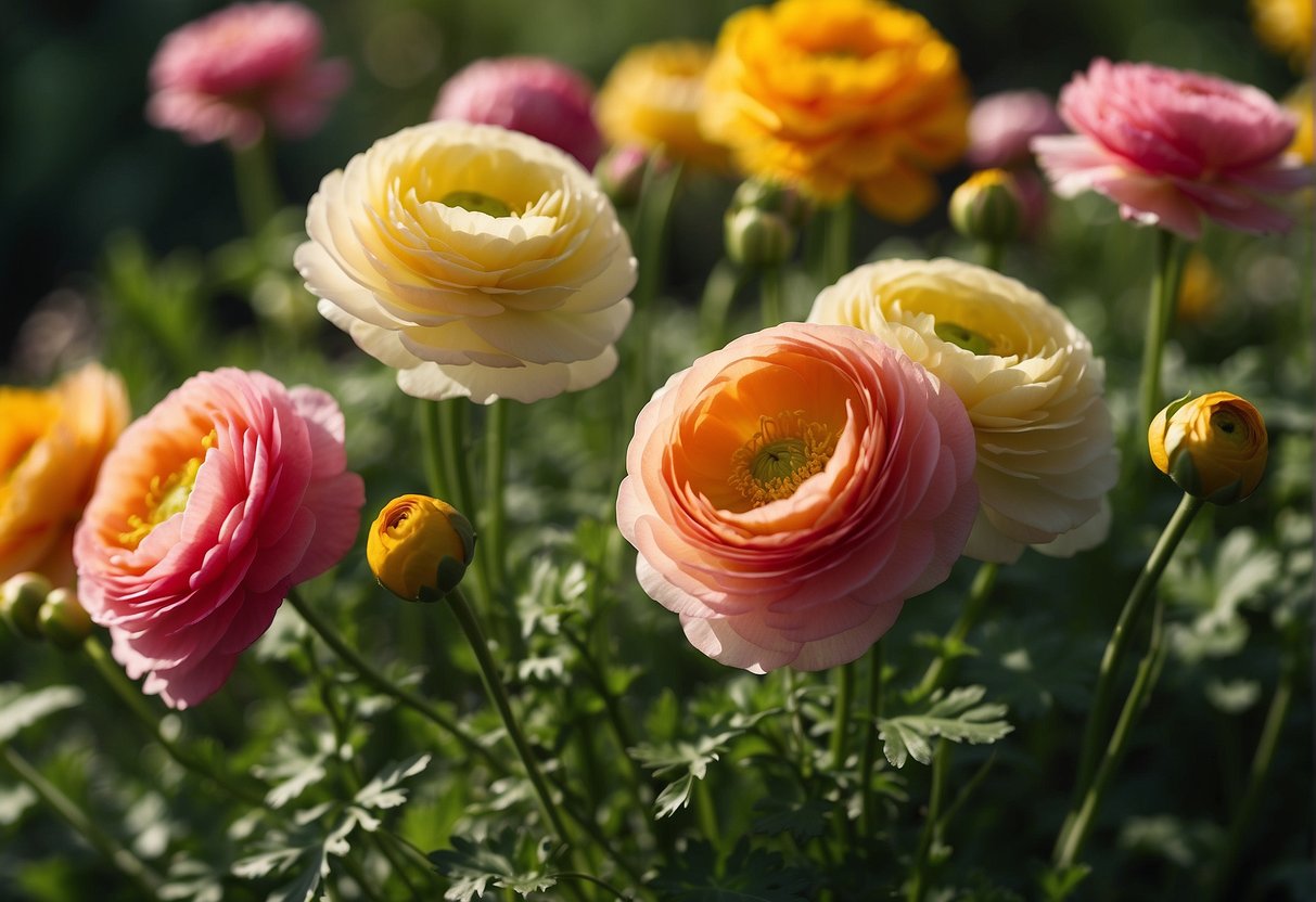 Ranunculus flowers bloom in a vibrant garden, surrounded by green foliage. The sun shines down, casting a warm glow on the delicate petals