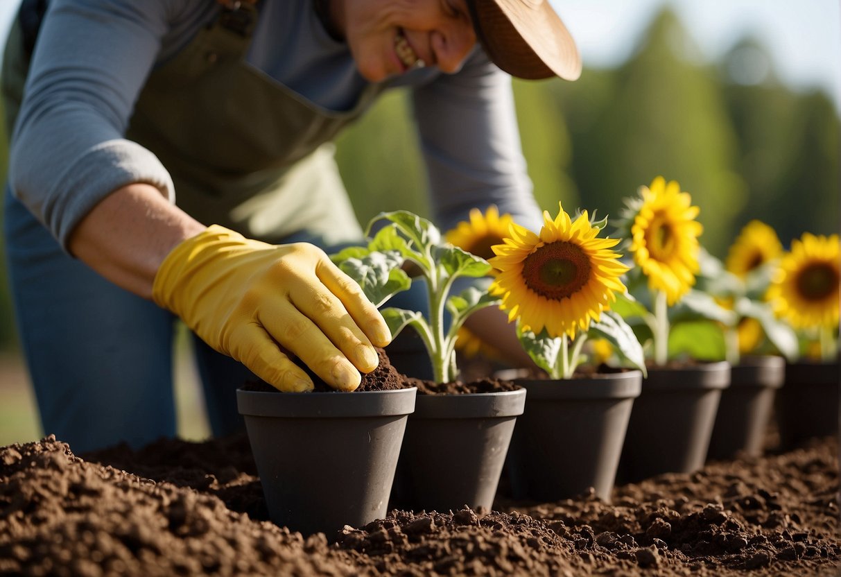 Hands planting sunflowers in pots, soil spills, seeds drop, sun shines