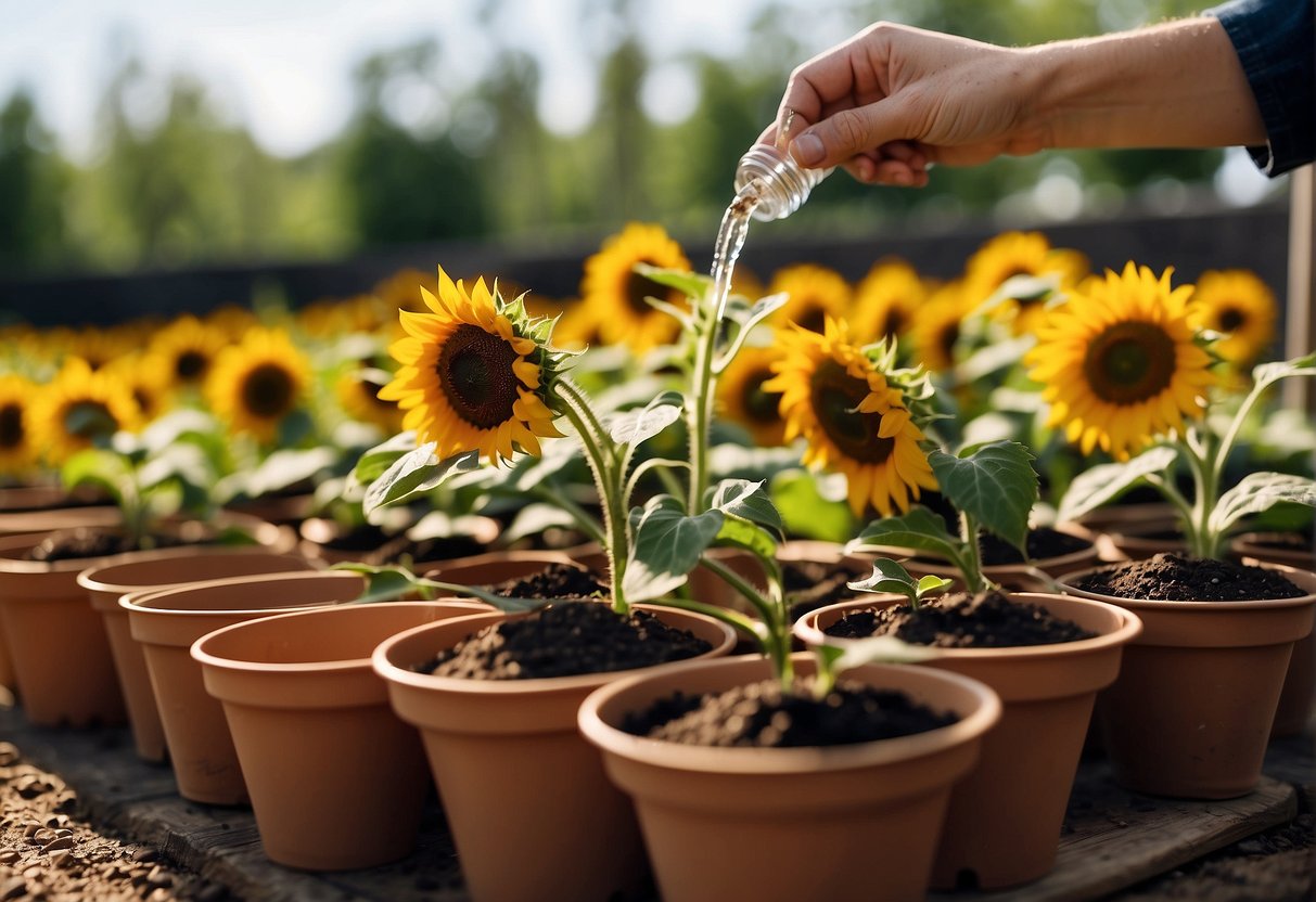 Sunflower seeds being placed in pots with soil, watered and placed in sunlight. Regular watering and monitoring for growth