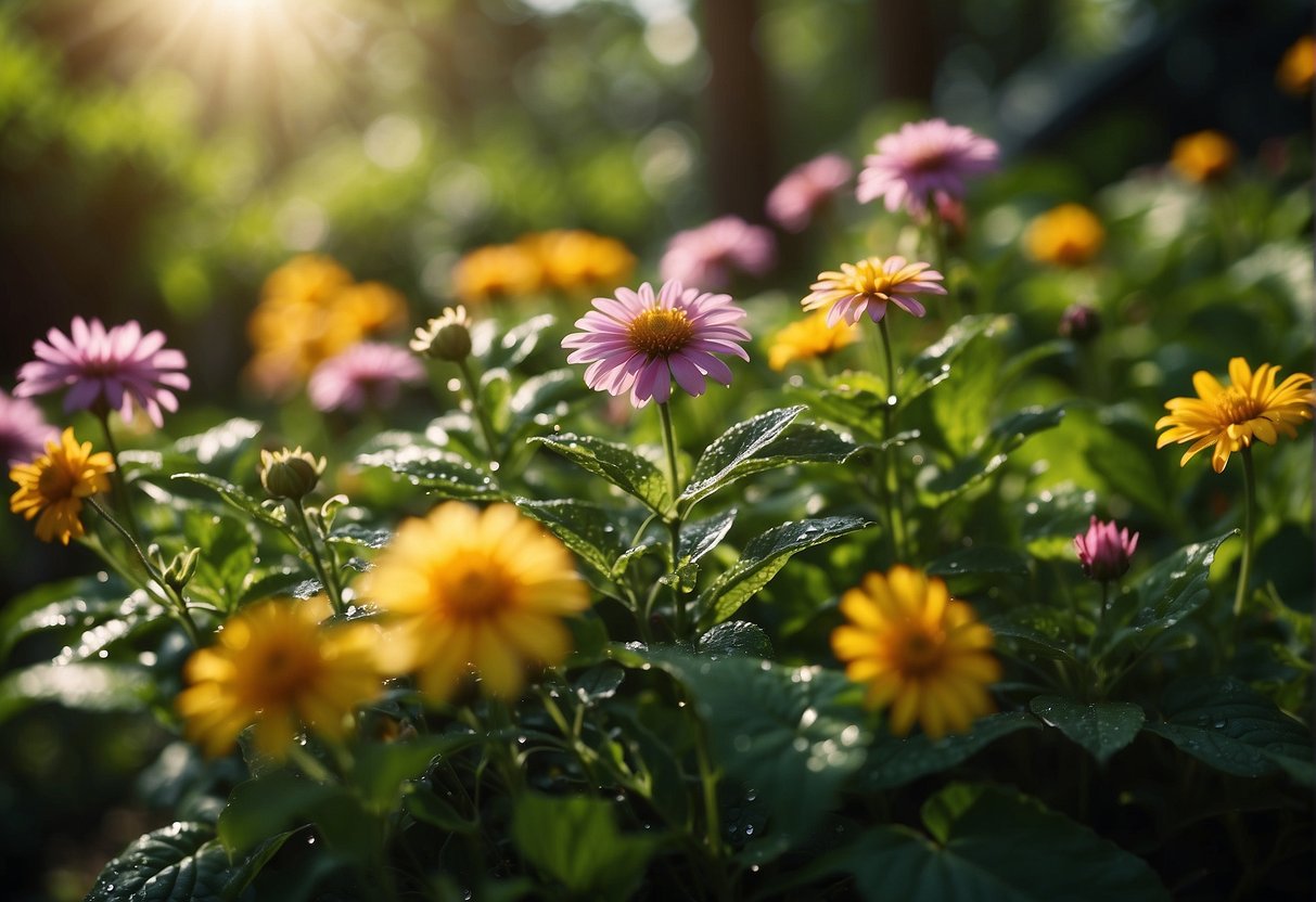 Lush green leaves surround a variety of colorful flowers, with the sun shining down on them. Water droplets glisten on the petals, and the soil is rich and dark