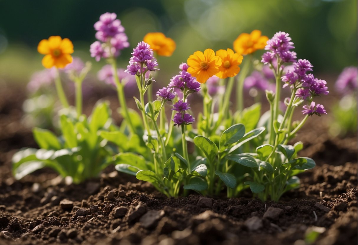Vibrant flowers thrive in nutrient-rich soil, absorbing essential minerals for healthy growth. The soil is well-balanced, with a mix of organic matter and minerals to support flourishing blooms