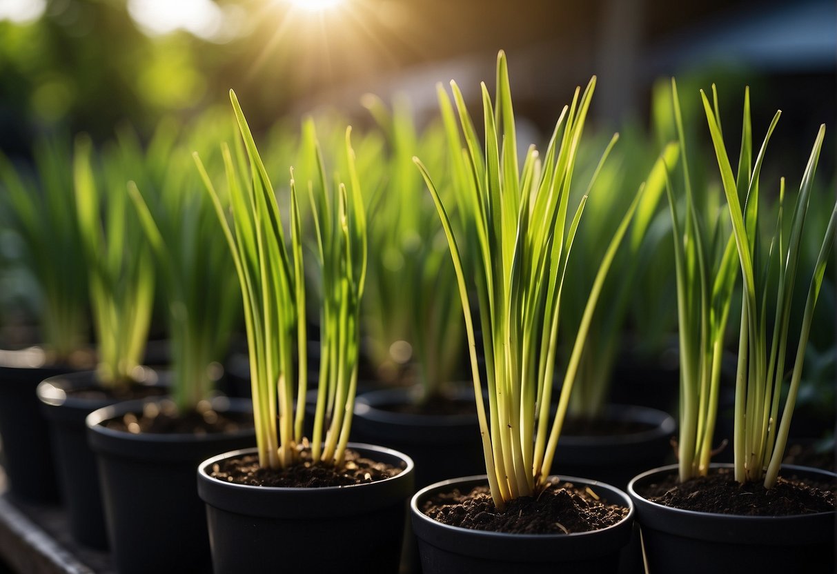 Lemongrass grows in small pots, reaching towards the sunlight with its long, slender leaves. The vibrant green color of the leaves contrasts against the dark soil in the pots