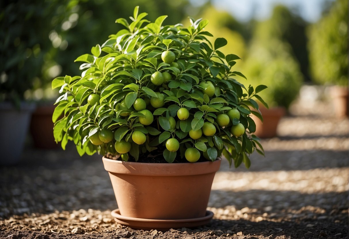 A small lime tree is planted in a large pot with rich, well-draining soil. It is placed in a sunny location and watered regularly. Over time, the tree grows taller with lush green leaves and small, budding limes