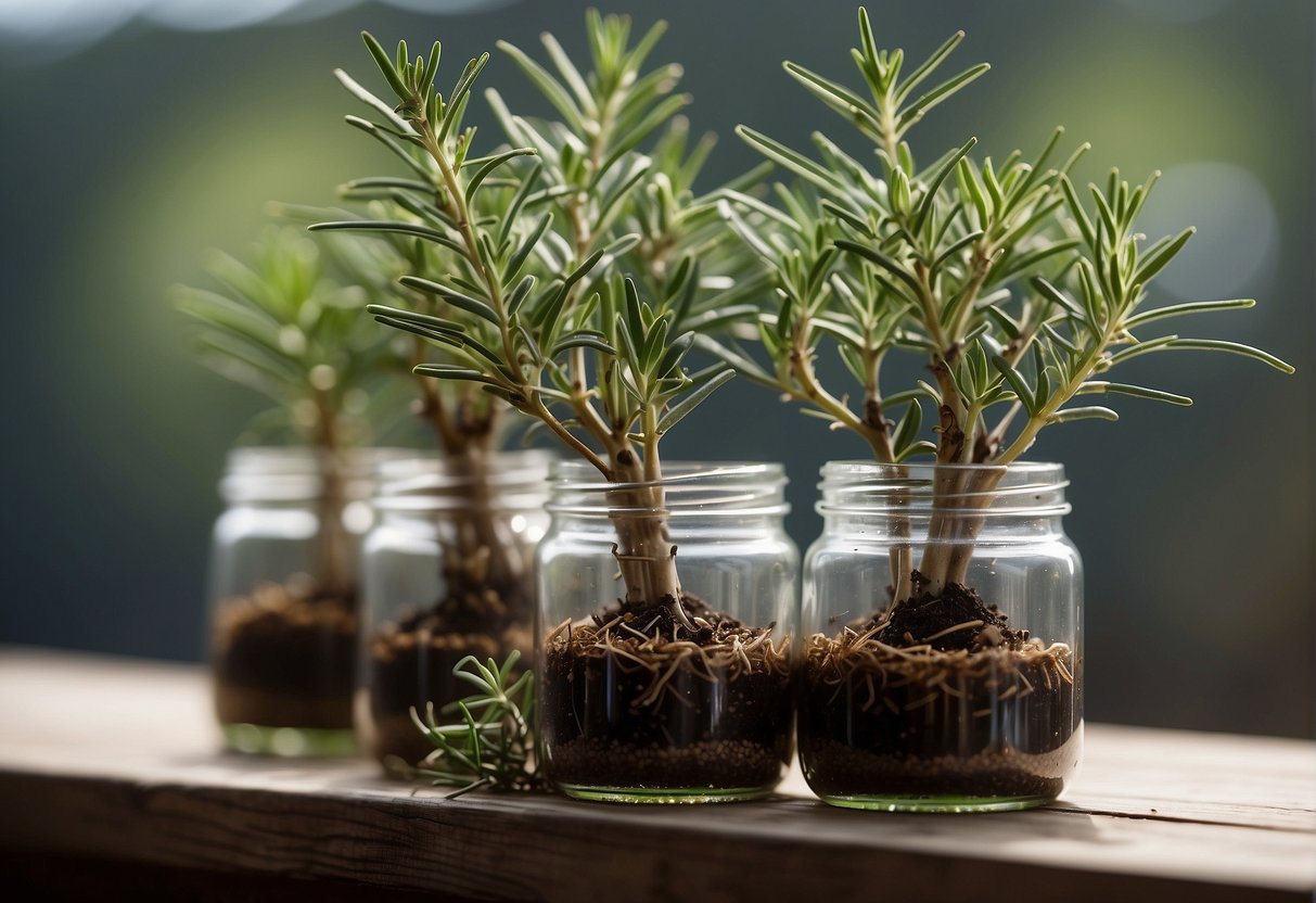 Rosemary cuttings in water, roots sprouting. New growth emerging from the stems. Potting soil and small pots nearby