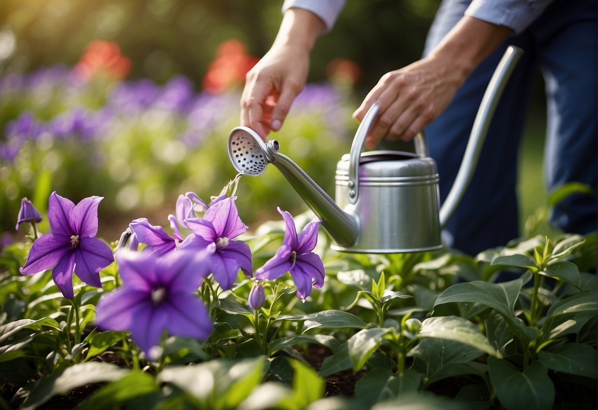 A pair of gentle hands tending to vibrant balloon flowers with a watering can in a sunlit garden