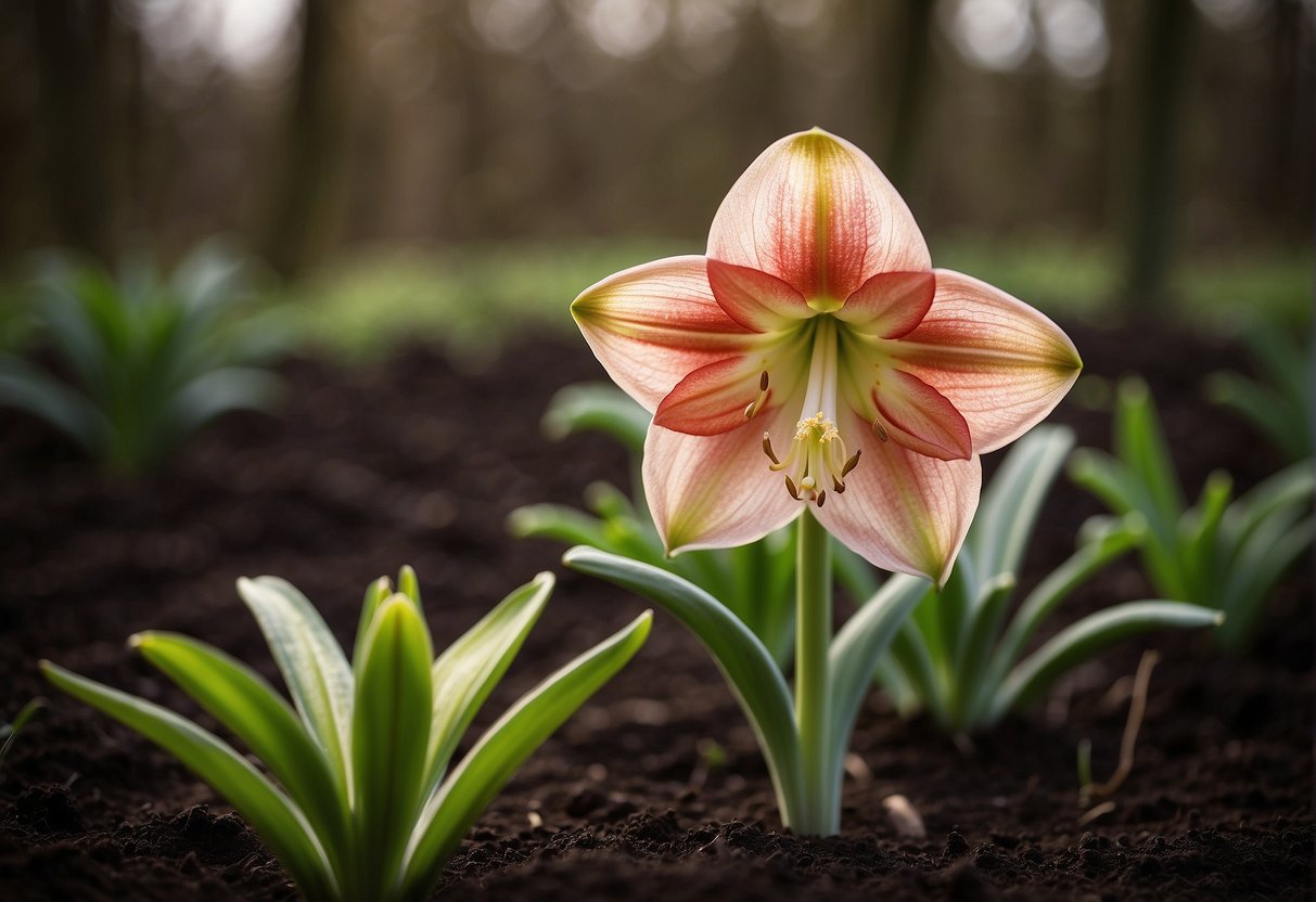 An amaryllis bulb sits in rich soil, sending up a tall, sturdy stalk. A large, vibrant bloom unfurls, revealing layers of delicate petals in rich, bold colors
