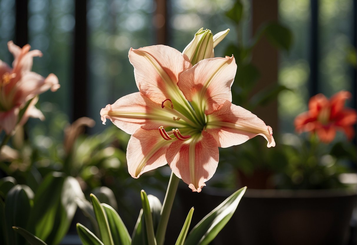 Amaryllis blooms in a sunlit room, surrounded by green leaves and tall stems