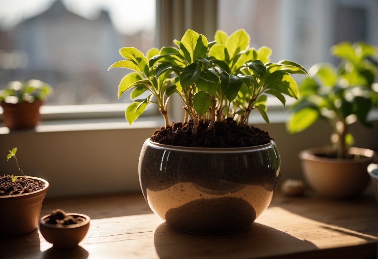 A pot filled with rich soil, a ginger rhizome planted just below the surface, and a sunny window for light