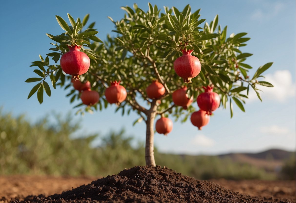 A pomegranate tree grows in a sunny, open space with well-drained soil. It starts as a small seedling, developing into a sturdy trunk with glossy green leaves and vibrant red flowers. Fruits form and ripen, bursting with