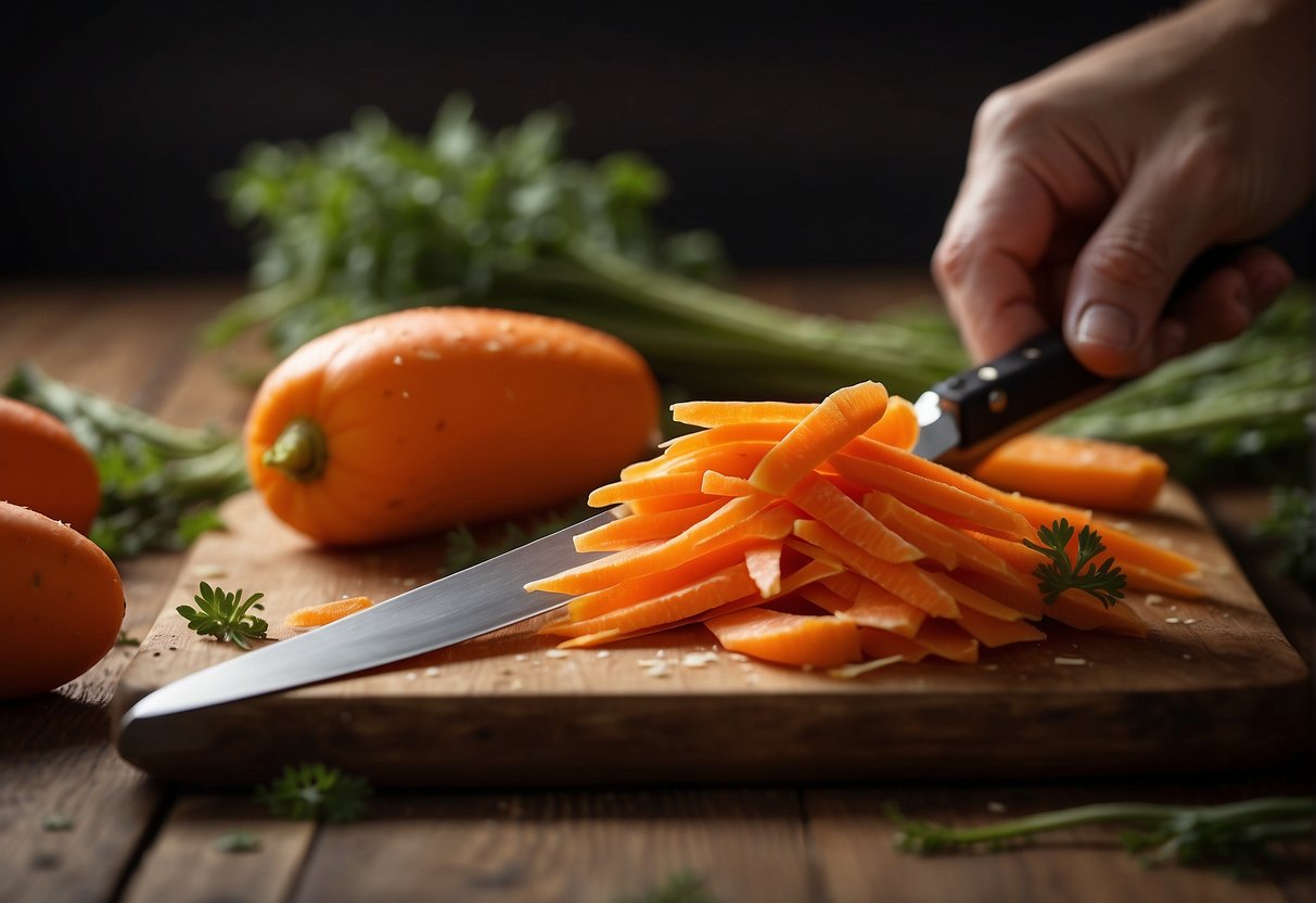 Carrots being sliced into thin pieces with a sharp knife on a cutting board