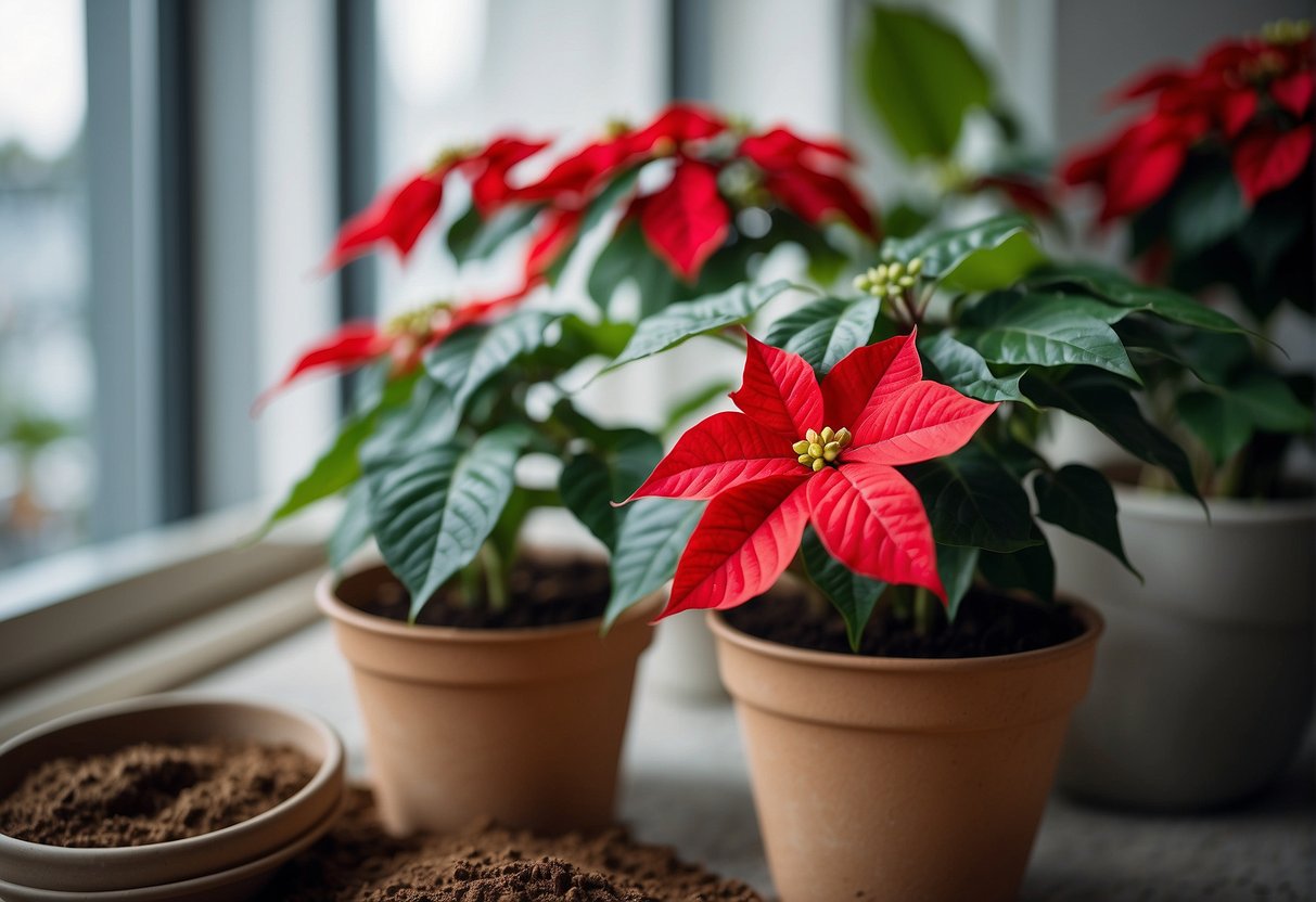 A poinsettia sits in a well-lit room, away from drafts. Its soil is kept moist, but not waterlogged. A saucer catches excess water. A balanced fertilizer is applied monthly