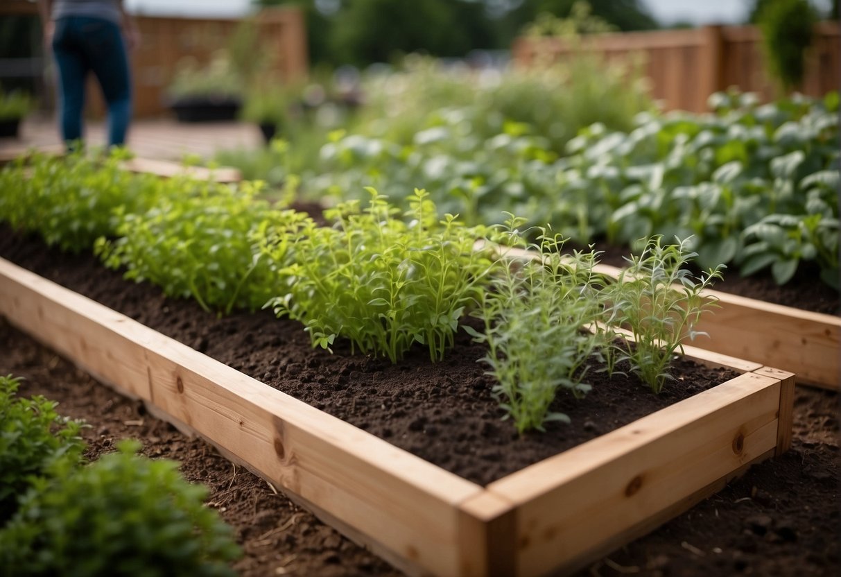 A raised bed herb garden with various plants growing in neat rows, surrounded by a wooden border and mulch pathways