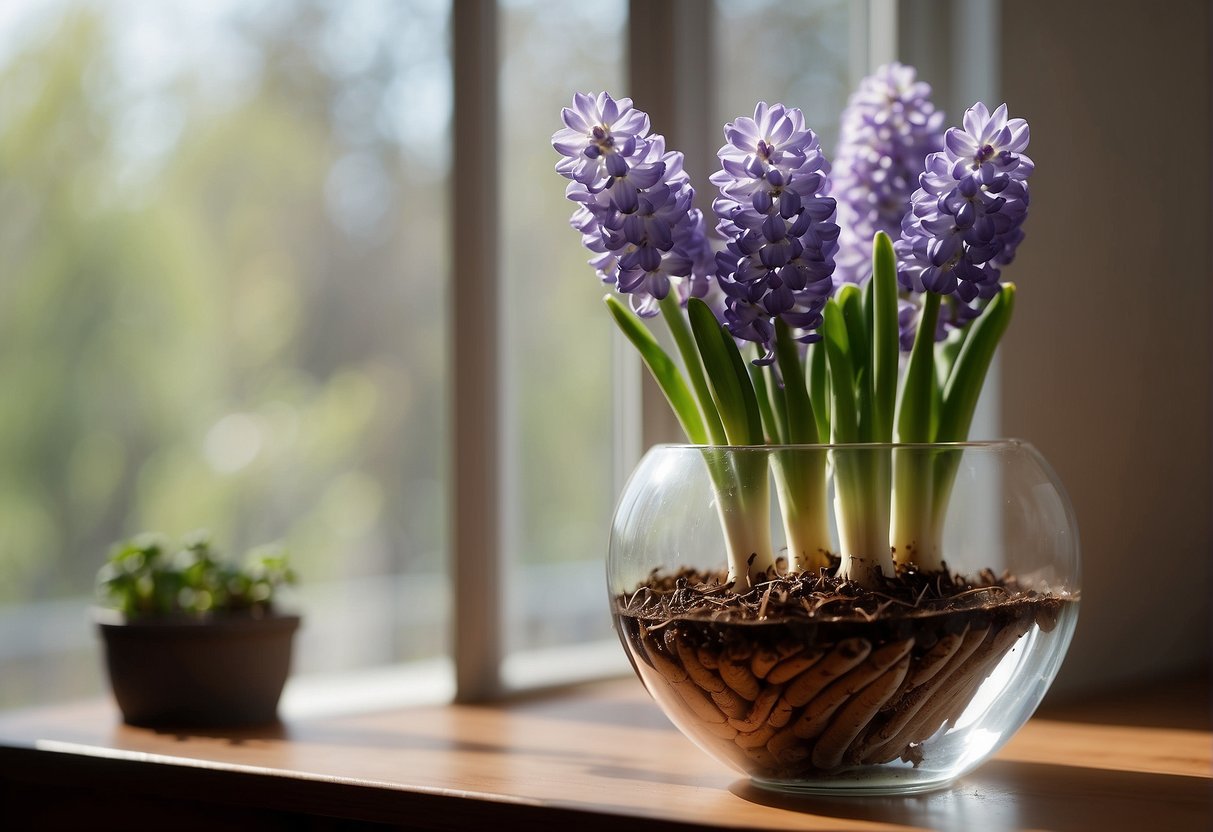 Hyacinth bulbs sit in a clear glass vase filled with water, roots reaching down. A sunny windowsill illuminates the scene
