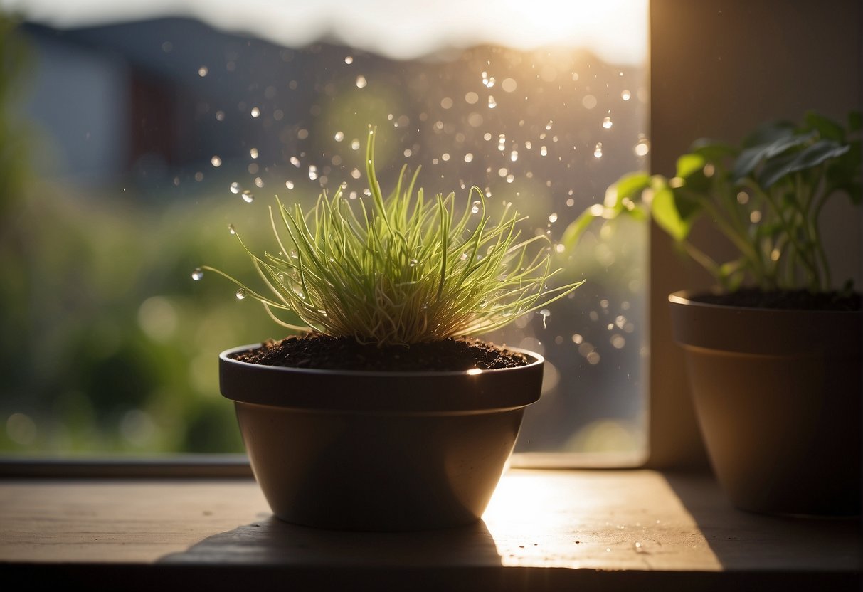 Small pot filled with soil, chive seeds scattered on top, water droplets on soil. Sunlight streaming in through a window