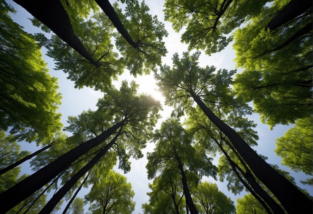 The trees stand tall, their branches adorned with vibrant green leaves that never fall, creating a lush and everlasting canopy