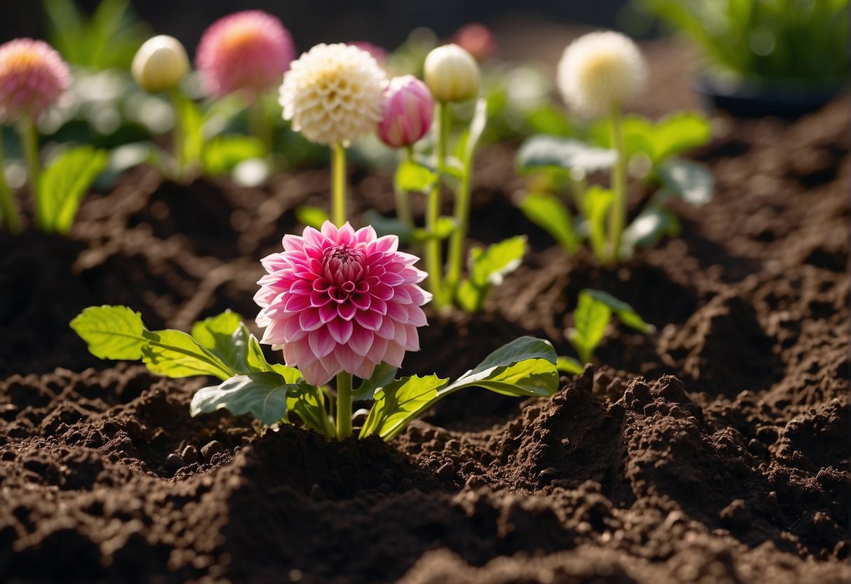 Dahlia tubers are placed in a prepared garden bed, spaced apart and covered with soil. Water is gently applied to the soil to ensure proper moisture