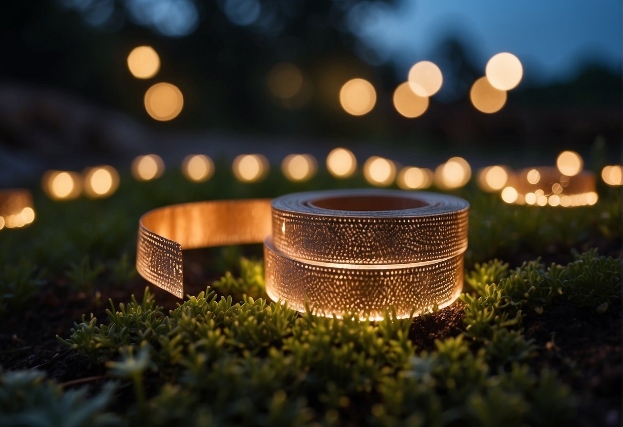 Copper tape glistening in the moonlight, laid out in a zigzag pattern around a garden bed, with slugs avoiding it