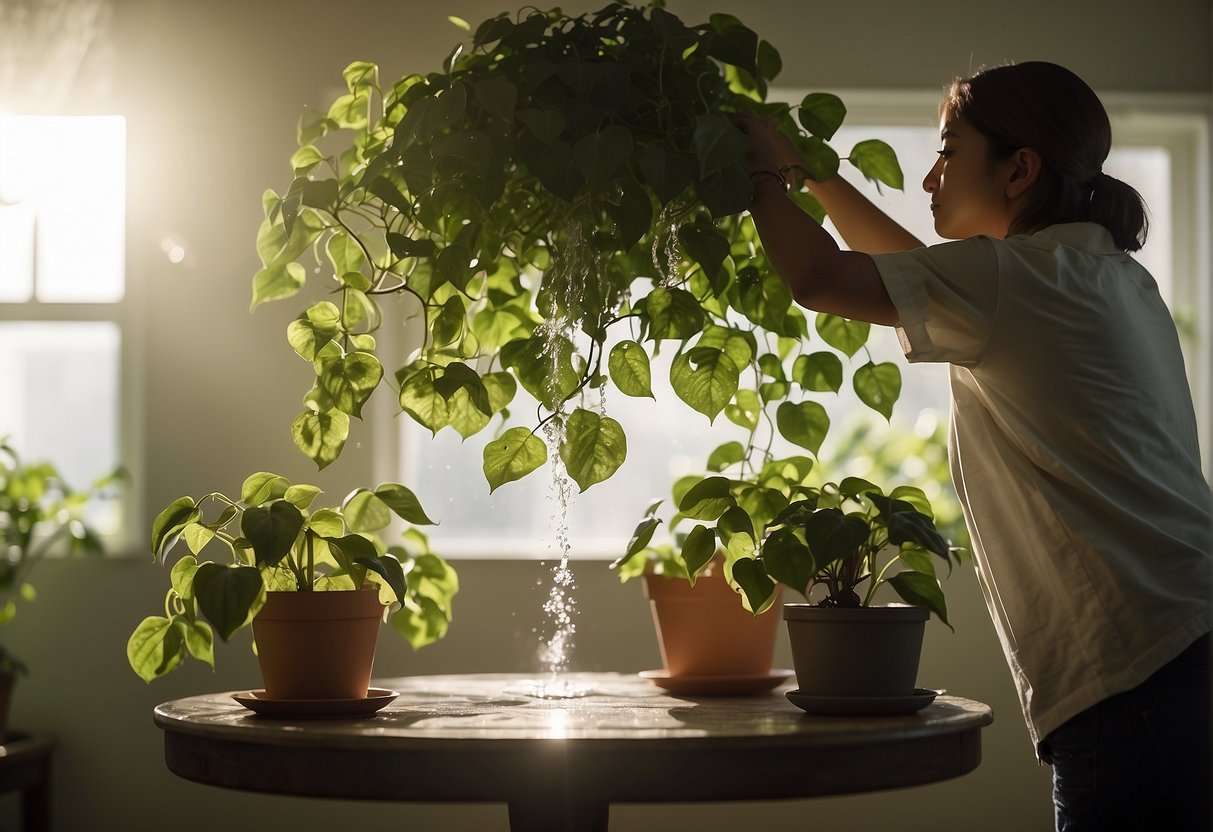 A hand pours water onto a lush, hanging devil's ivy plant in a sunlit room