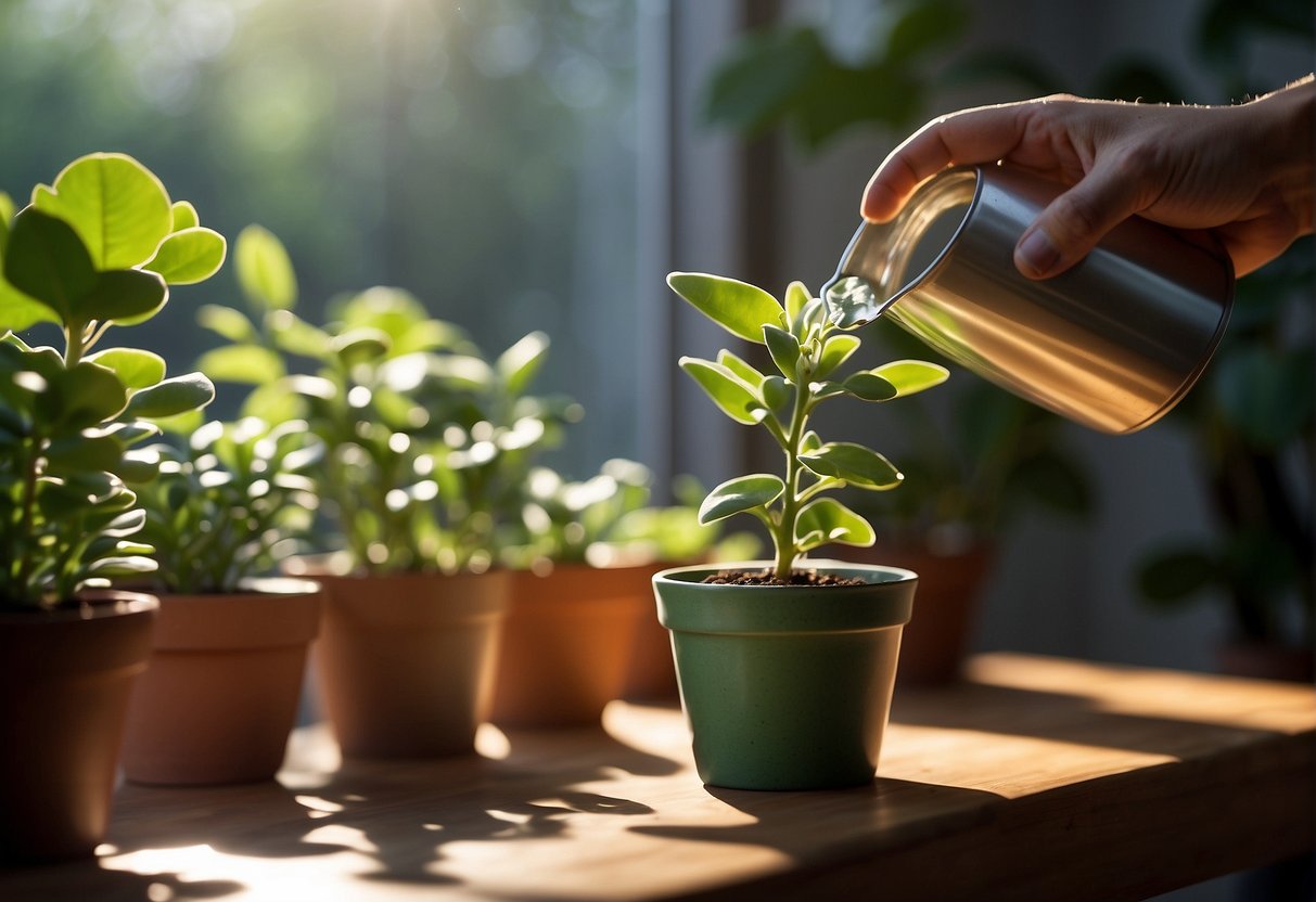 A hand pours water into a small pot with a kalanchoe plant, sunlight streaming through a nearby window, casting a warm glow on the green leaves