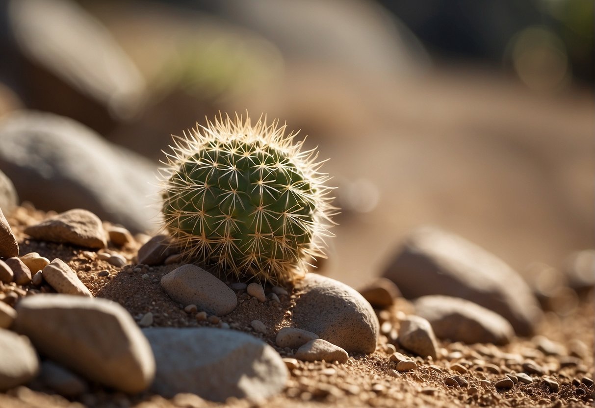 A small cactus seed sprouts in dry, sandy soil, surrounded by rocks and boulders under the scorching sun
