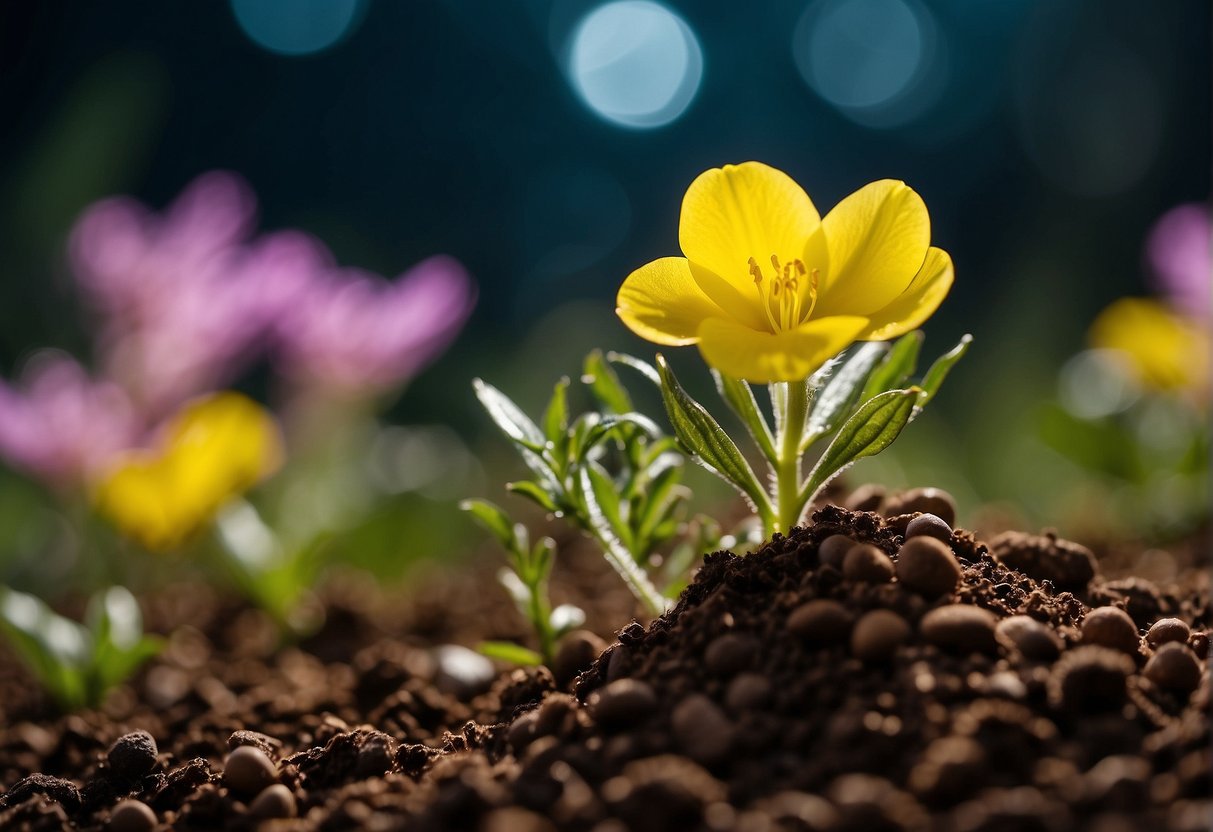Evening primrose seeds are being planted and nurtured, leading to the growth of vibrant flowers. The plant's benefits are highlighted in the background