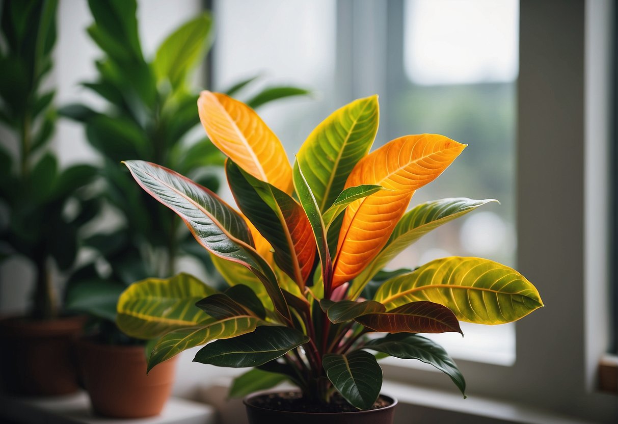 A vibrant croton plant sits in a sunny indoor space, surrounded by other potted plants. The plant's colorful leaves stand out against the greenery, adding a lively touch to the room