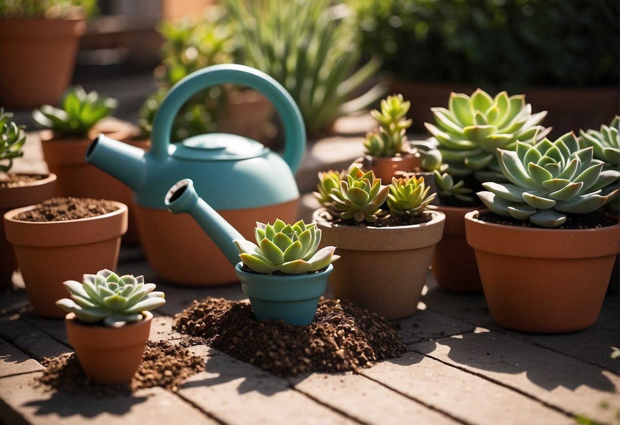 Succulents basking in sunlight on a patio, surrounded by well-draining soil and potted in containers with drainage holes. Watering can and small gardening tools nearby