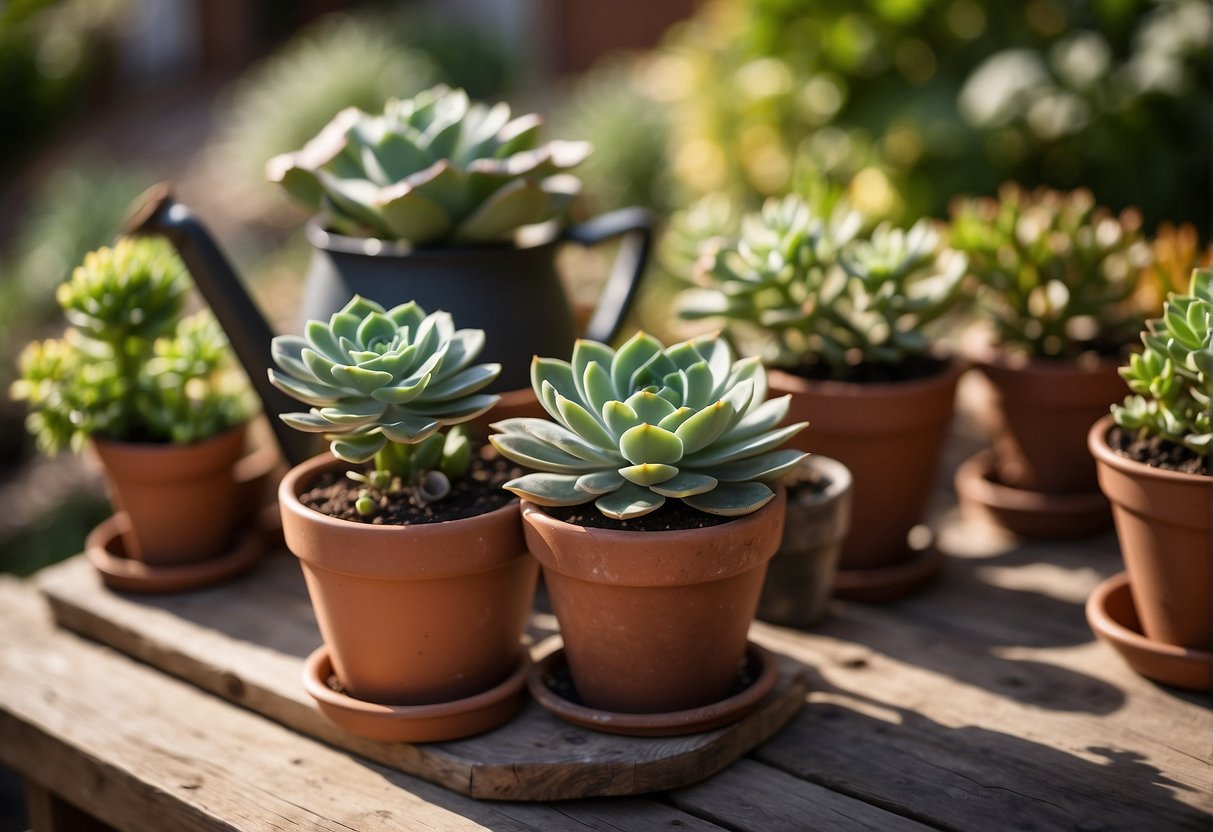 Succulents arranged on a sunny patio, surrounded by well-draining soil and a variety of pots. Watering can and gardening tools nearby