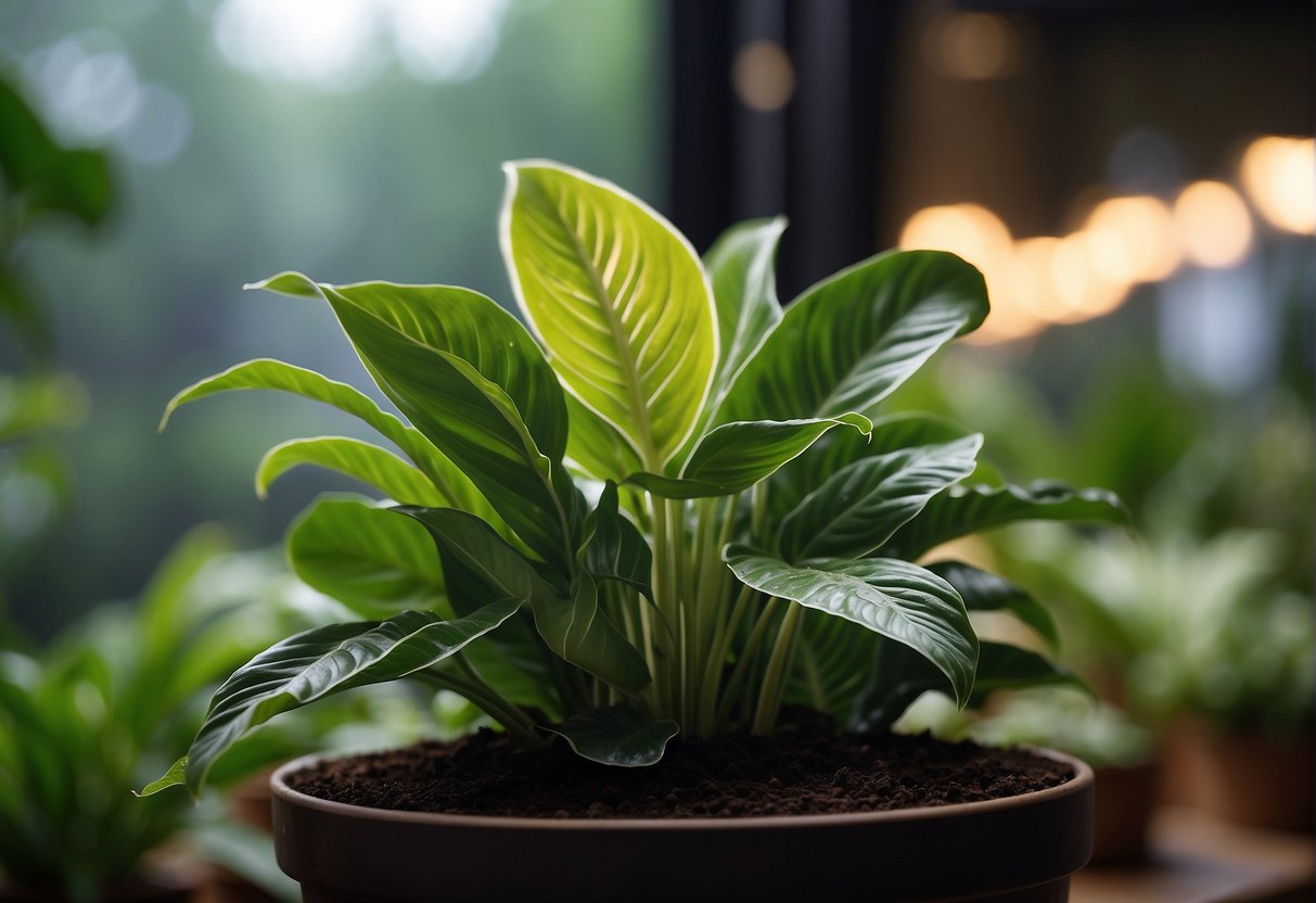 A healthy calathea plant sits in a bright, humid environment. A small cutting is taken from the mother plant and placed in a container of moist soil