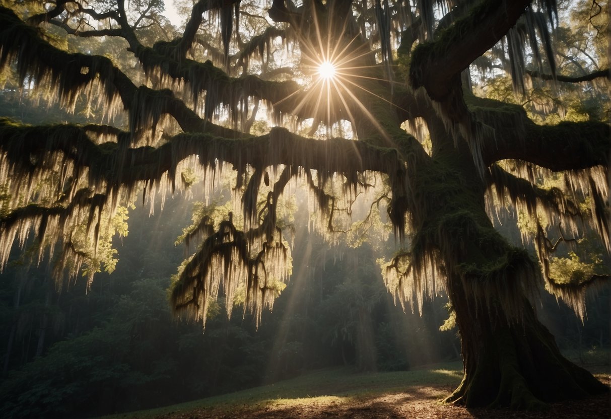Sunlight filters through the dense forest, illuminating the delicate tendrils of Spanish moss that hang from the ancient oak trees