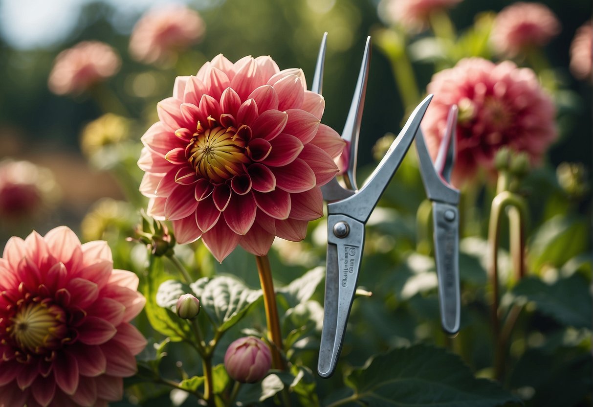 A pair of garden shears snipping off spent dahlia blooms