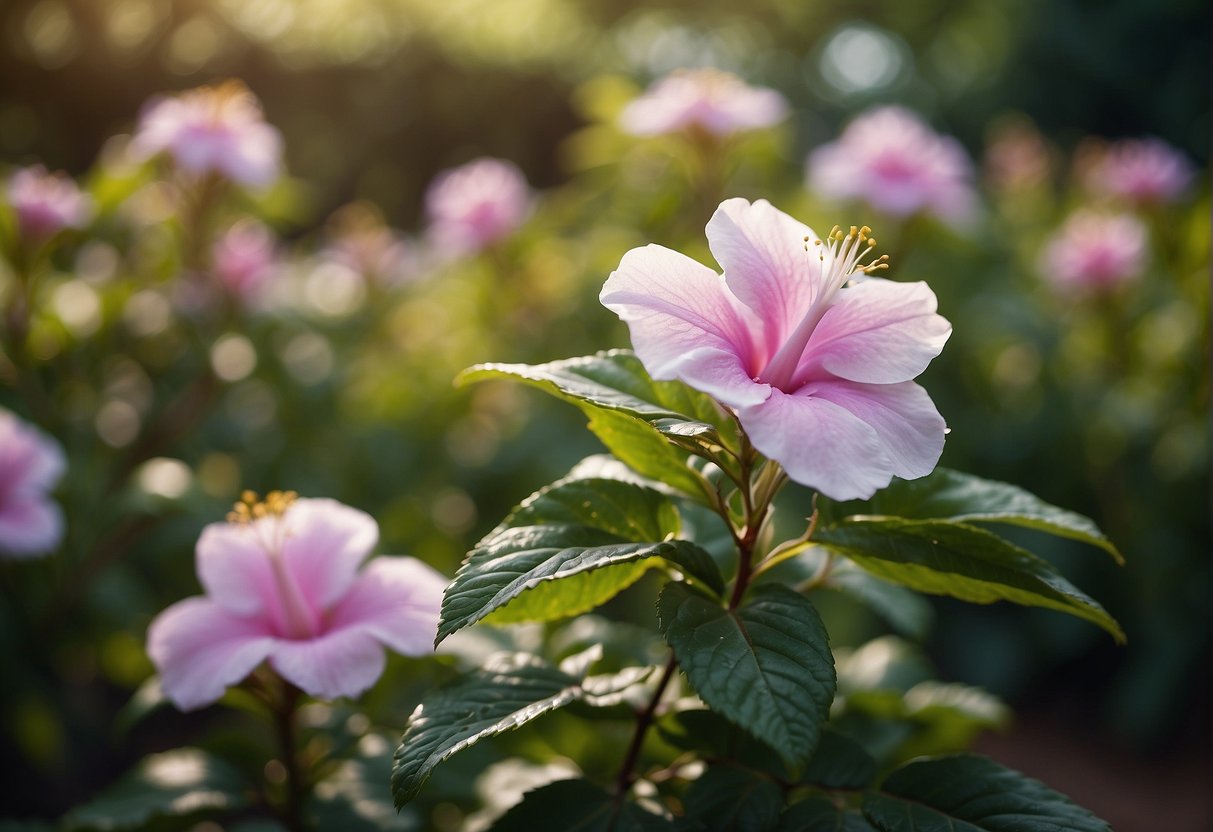 Rose of Sharon blooms in a well-tended garden, surrounded by lush green foliage and receiving gentle care from a gardener