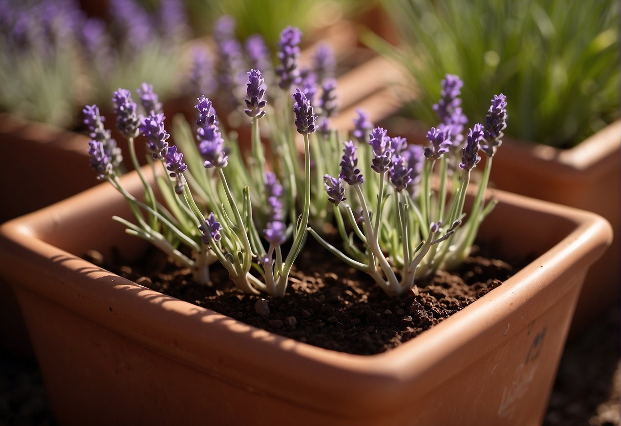Lavender sprouts in a terracotta pot, bathed in sunlight. Roots reach into rich soil, while delicate purple blooms unfurl