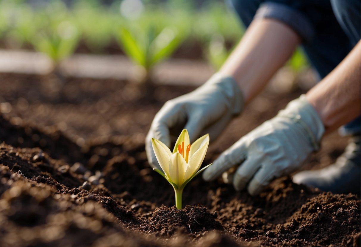 Lily bulbs are being placed in a shallow hole in rich, well-draining soil. A layer of mulch is added to protect the bulbs and retain moisture