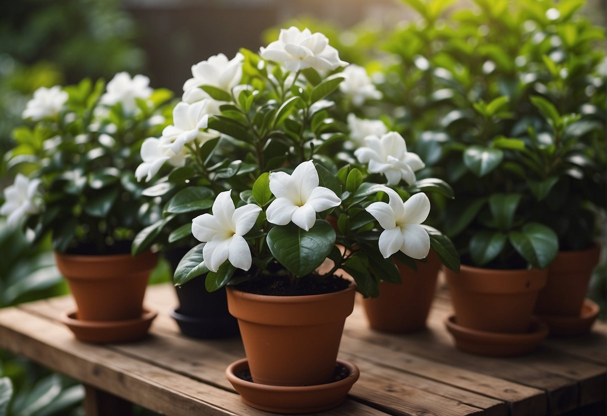 Lush gardenias bloom in pots outside. Soil is moist, and pots are placed in partial shade. Fertilizer is applied monthly, and dead blooms are removed to encourage new growth