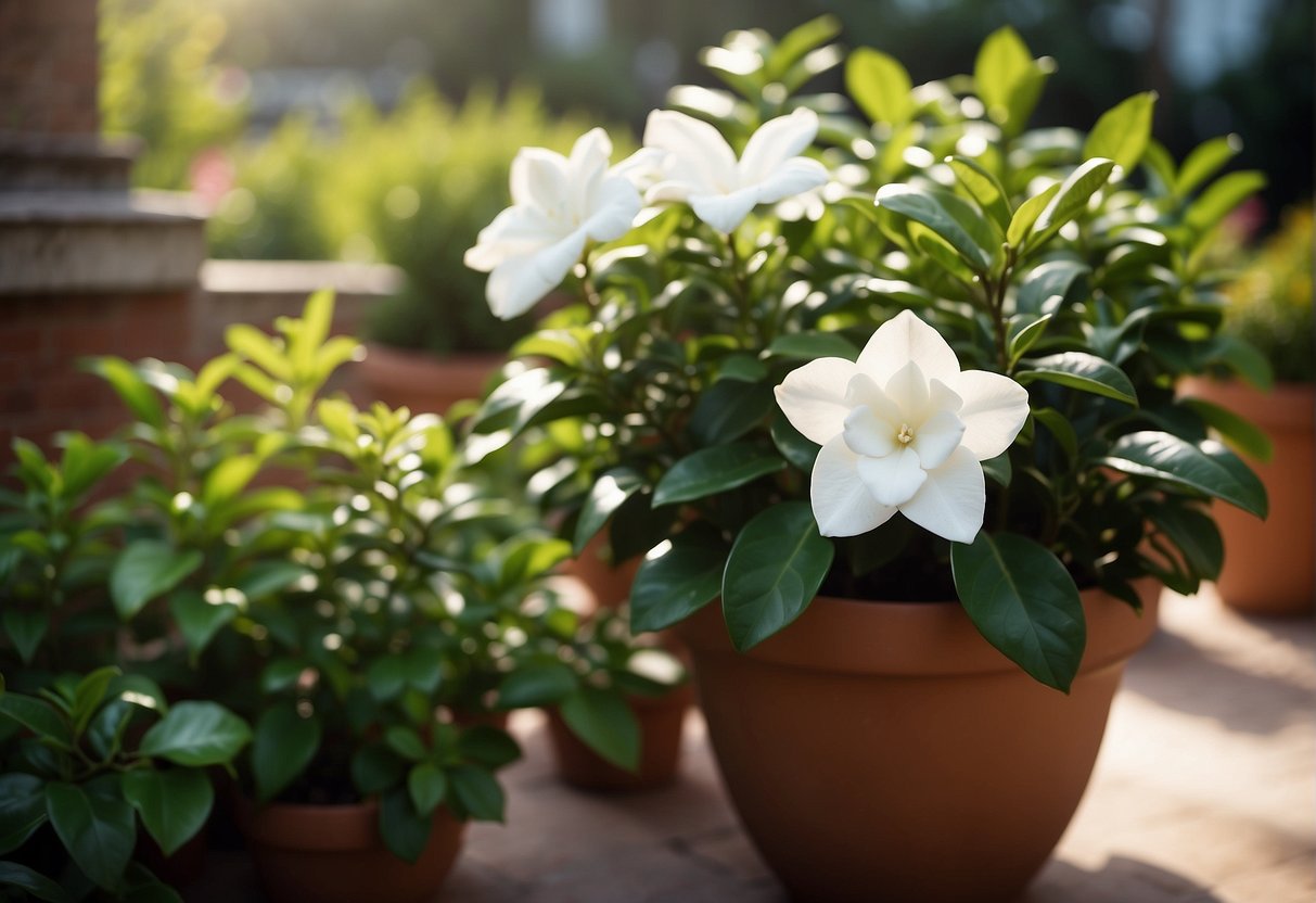 A gardenia plant sits in a large, well-drained pot on a sunny patio. It is surrounded by lush greenery and colorful flowers, receiving regular watering and occasional fertilization