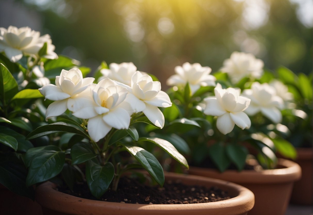 Lush gardenias bloom in outdoor pots, receiving gentle sunlight and regular watering. Rich, well-draining soil supports their healthy growth