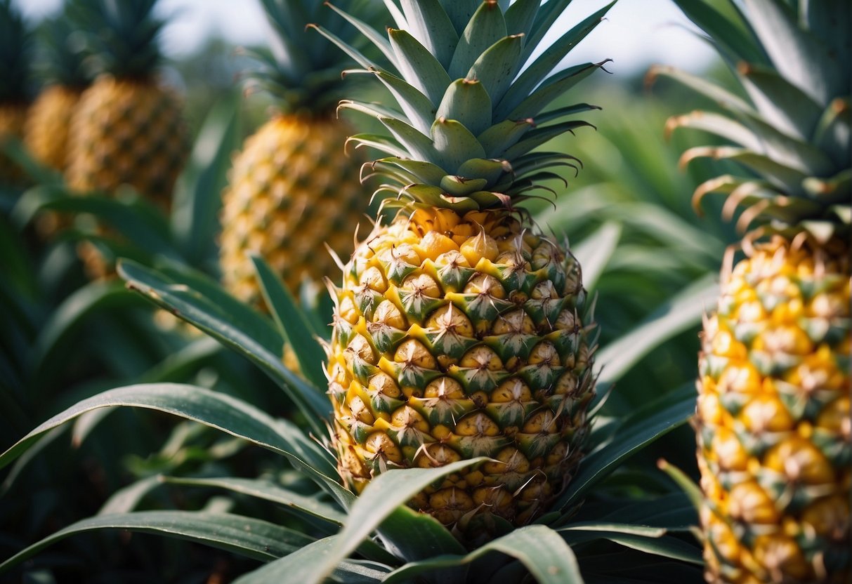 Pineapples grow on tall, spiky trees with vibrant green leaves and a single fruit at the top