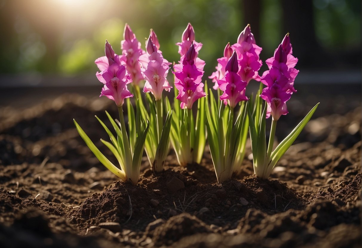 Gladiolus bulbs remain in the earth, surrounded by soil and roots, with sunlight filtering through the leaves above