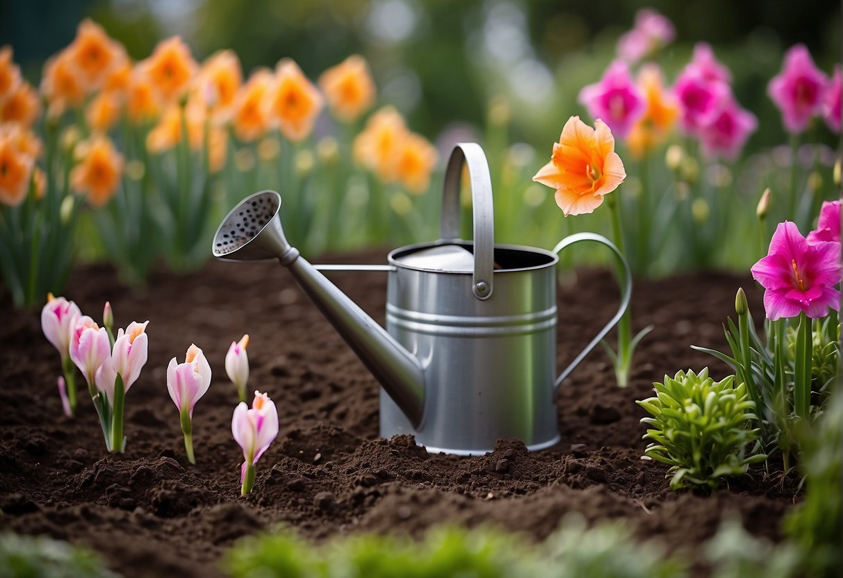 A garden bed with gladiolus bulbs in the soil, surrounded by gardening tools and a watering can. The bulbs are post-bloom and in need of maintenance